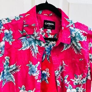 Hawaiian style button down shirt pink with flowers size small beach pool summer